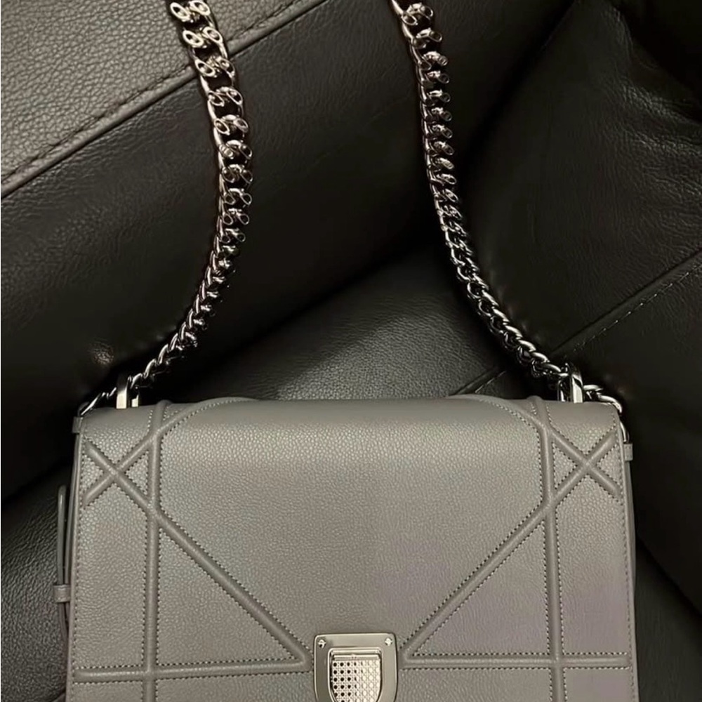 Gray Leather Diorama Chain Shoulder Bag